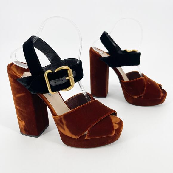 Prada Bicolor Velvet Block-heel Chunky Platform Sandal In Black-Tabacco IT 40 - Picture 2 of 13